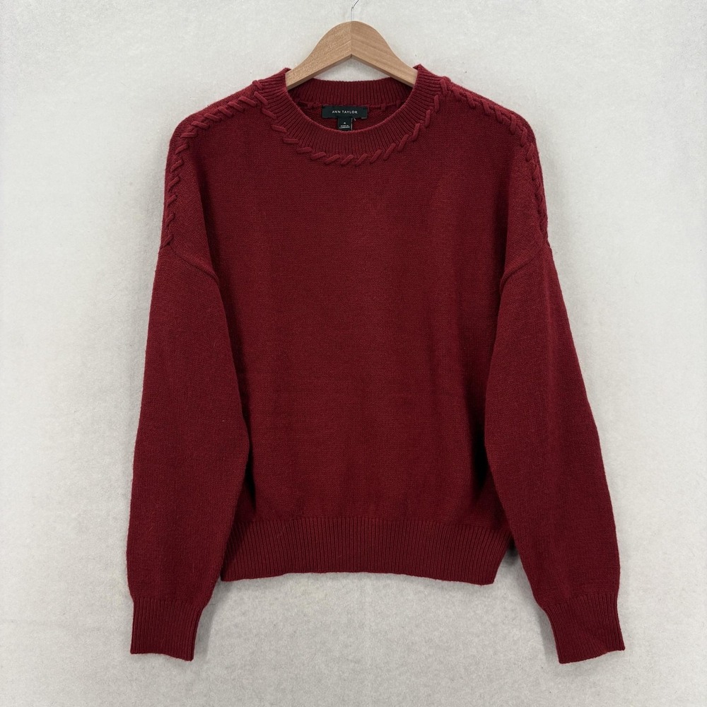 Ann Taylor Sweater Womens Medium Red Crew Neck Braided Trim Knit Pullover NWT